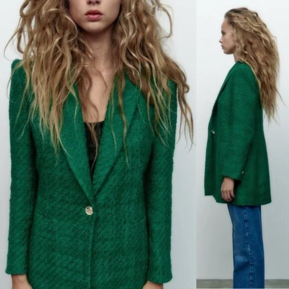 Zara Tweed Textured Long Structured Blazer in Kelly Green M Classic Preppy $149 - Picture 2 of 16